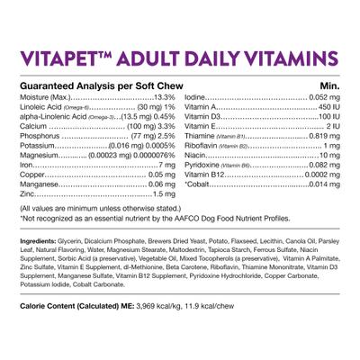 NaturVet, VitaPet Adult Daily Vitamins, multivitamínico con apoyo al aliento para perros adultos, 60 tabletas o masticables blandos