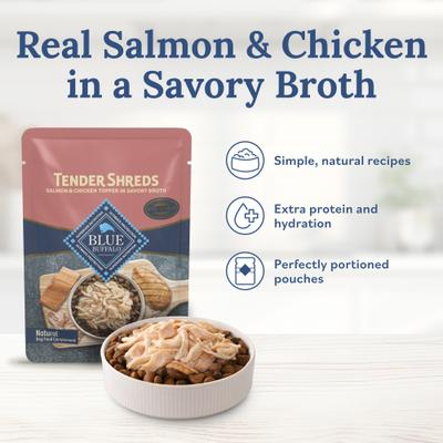 Tender Shreds Salmon & Chicken Toppers in Savory Broth, Wet Dog Food, 2.5-oz bag, 24 count