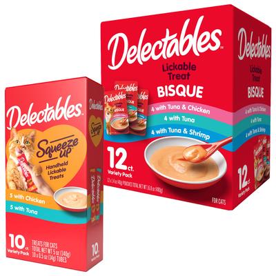 Paquete: Hartz Delectables Squeeze Up Variety Pack + Bisque Variety Pack de premios para lamer para gatos