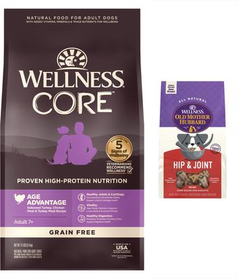 Bundle: Wellness CORE Grain-Free Senior Deboned Turkey Recipe Dry Dog Food, 12-lb bag + Old Mother Hubbard Mother's Solution's Hip & Joint Baked Dog Treats, 20-oz bag