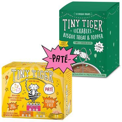 Bundle: Tiny Tiger Pate Beef & Poultry Variety Pack Canned Food + Lickables Senior Formula Tuna & Chicken Recipe Bisque Cat Treat & Topper