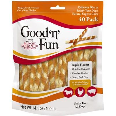 Palitos masticables para perros de triple sabor envueltos en pollo, piel de cerdo y piel de res, 10 unidades