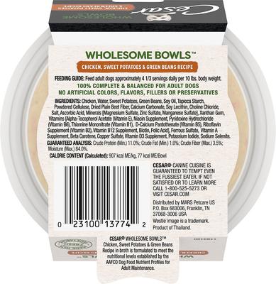 Wholesome Bowls - Alimento húmedo para perros con pollo, batata y judías verdes, bandeja de 3 oz, paquete de 20