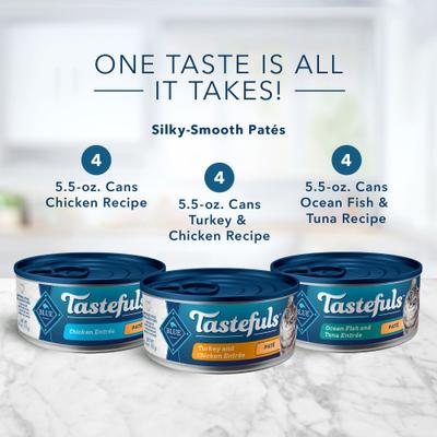 Bundle: Blue Buffalo Tastefuls Chicken, Turkey & Chicken & Ocean Fish & Tuna Entrées Variety Pack Pate + Tuna, Chicken, Fish & Shrimp Entrées Variety Pack Flaked Wet Cat Food