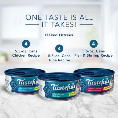 Bundle: Blue Buffalo Tastefuls Chicken, Turkey & Chicken & Ocean Fish & Tuna Entrées Variety Pack Pate + Tuna, Chicken, Fish & Shrimp Entrées Variety Pack Flaked Wet Cat Food