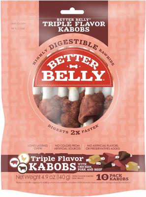 Triple Flavor Kabobs Pork, Beef, & Chicken Highly Digestible Rawhide Dog Treat Chews, 10 count