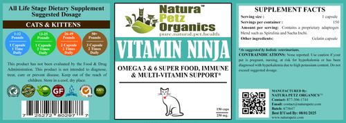 VITAMIN NINJA - OMEGA 3 & 6, Super Food, Immune & Multi-Vitamin Support Cat Supplement, 150 count