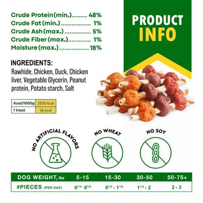 All Natural Pet Dried Snacks Human Grade Rawhide & Grain-Free Kabobs Chicken & Duck Dental Dog Treats, 10.6-oz bag