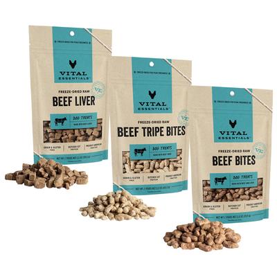 Bundle: Variety Pack - Vital Essentials Beef Nibs Freeze-Dried Raw Dog Treats, Beef Liver & Beef Tripe Flavors
