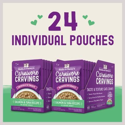 Comida para gatos Carnivore Cravings Morsels'N'Gravy con receta de salmón y atún, bolsa de 2.8 oz, caja de 12