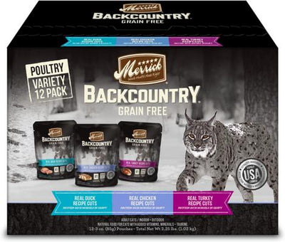 Backcountry Grain-Free Morsels in Gravy Real Duck, Chicken, Turkey Recipe Cuts Variety Pack Cat Food Pouches, 3-oz, case of 12