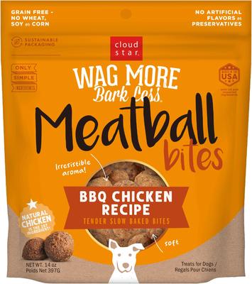Bocados de albóndigas Wag More Bark Less, receta de pollo a la barbacoa, premios sin cereales para perros, bolsa de 14 oz