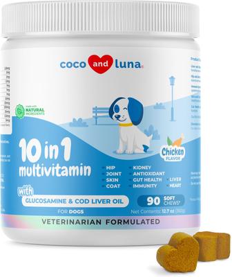 Multivitamínico masticable suave 10 en 1 Coco and Luna para perros, 90 unidades
