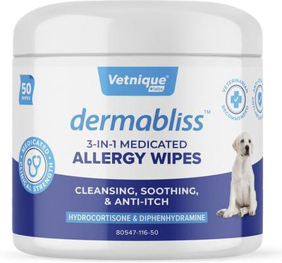Dermabliss Medicated 3-in-1 Hydrocortisone Itch Relief, Allergies & Odor Control Cat & Dog Wipes, 50 count