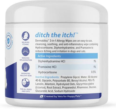 Toallitas Dermabliss 3 en 1 con hidrocortisona para el alivio de la picazón, alergias y control del olor para gatos y perros, 50 unidades