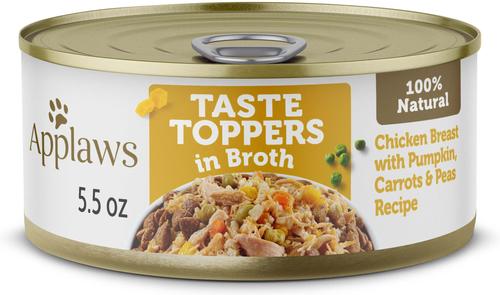 Taste Toppers - Alimento húmedo natural para perros con pechuga de pollo, salmón y verduras en caldo, bolsa de 5.5 oz, caja de 12