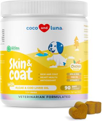Coco and Luna Omega-3 Fish Oil with Cod Liver Oil & Algae Oil Soft Chew Skin & Coat Supplement for Dogs, 90 count