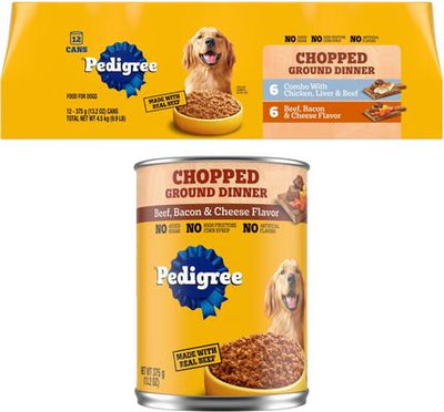 Bundle: Pedigree Chopped Ground Dinner Combo with Chicken, Liver & Beef & Beef, Bacon & Cheese Flavor Variety Pack + Beef, Bacon & Cheese Flavor Canned Wet Dog Food