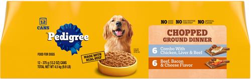 Bundle: Pedigree Chopped Ground Dinner Combo with Chicken, Liver & Beef & Beef, Bacon & Cheese Flavor Variety Pack + Beef, Bacon & Cheese Flavor Canned Wet Dog Food
