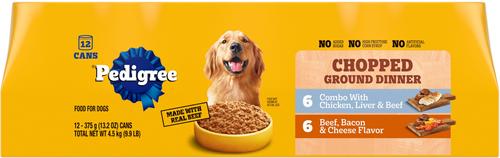 Bundle: Pedigree Chopped Ground Dinner Combo with Chicken, Liver & Beef & Beef, Bacon & Cheese Flavor Variety Pack + Beef, Bacon & Cheese Flavor Canned Wet Dog Food
