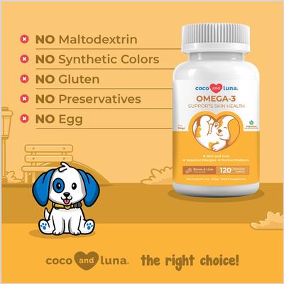 Coco and Luna Omega 3-6-9 Skin & Coat Bacon & Liver Flavor Dog Supplement, 120 count