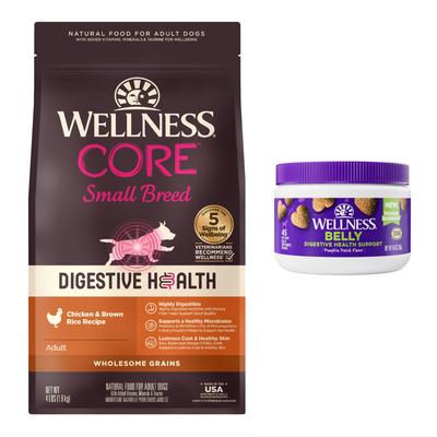 Paquete: Suplementos masticables Wellness Belly para la salud digestiva con sabor a calabaza + Alimento seco para perros de raza pequeña CORE Wholesome Grains con receta de pollo y arroz integral