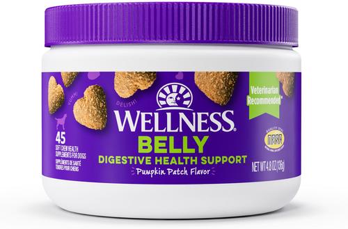 Paquete: Suplementos masticables Wellness Belly para la salud digestiva con sabor a calabaza + Alimento seco para perros de raza pequeña CORE Wholesome Grains con receta de pollo y arroz integral