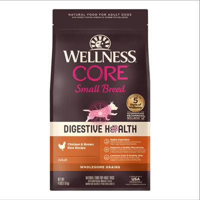Paquete: Suplementos masticables Wellness Belly para la salud digestiva con sabor a calabaza + Alimento seco para perros de raza pequeña CORE Wholesome Grains con receta de pollo y arroz integral