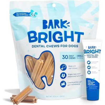 Kit dental brillante: premios dentales para perros con sabor a pollo mediano. Gel dental para perros con sabor a pollo y tomillo, 30 unidades, 2.5 oz.