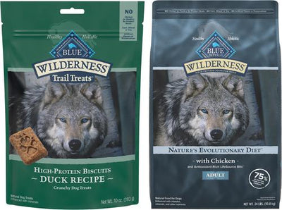Paquete: Alimento seco para pollo Blue Buffalo Wilderness + premios para perros Trail Treats Duck Biscuits