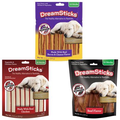 Bundle: Variety Pack - DreamBone DreamSticks Chicken Chews Dog Treats, Beef & Bacon & Cheese Flavors