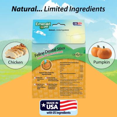 Golosinas dentales para gatos Feline Dental Stixx con pollo y calabaza, sin cereales, bolsa de 3.6 oz