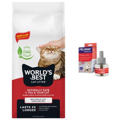 Bundle: Feliway MultiCat Calming Diffuser Refill for Cats, 1 count + World's Best Multi-Cat Unscented Clumping Corn Litter