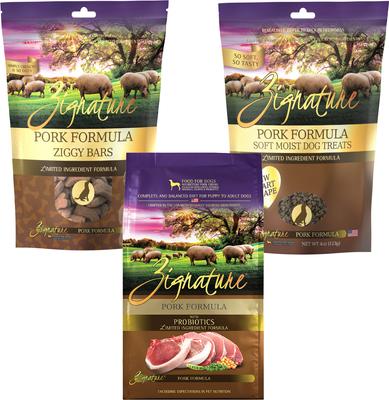 Bundle: Zignature Pork Limited Ingredient Formula Dry Food, 12.5-lb bag + Ziggy Bars Biscuit Treats, 12-oz bag + Soft Dog Treats, 4-oz bag