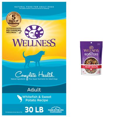 Paquete: Alimento seco Wellness Complete Health para adultos con receta de pescado blanco y batata + Complemento para alimento seco para perros CORE Bowl Boosters Heart Health