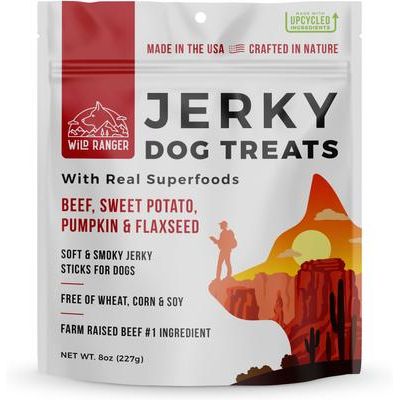Premios para perros de pollo, batata, calabaza y linaza con Real Superfoods Jerky, bolsa de 8 oz