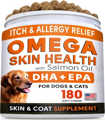 Allergy Relief & Itch Relief with Omega 3 Skin & Coat with Salmon Oil Chew Supplement for Dogs, 180 count