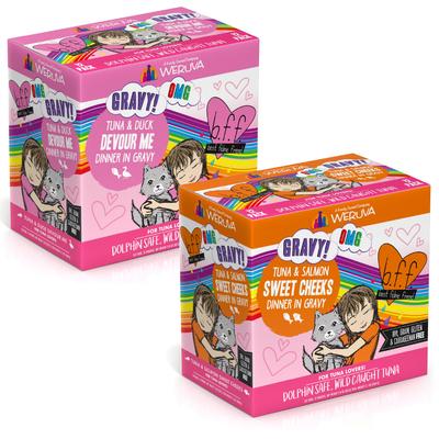 Bundle: BFF Tuna & Salmon Sweet Cheeks Dinner in Gravy + Tuna & Duck Devour Me Dinner in Gravy Wet Cat Food Pouches