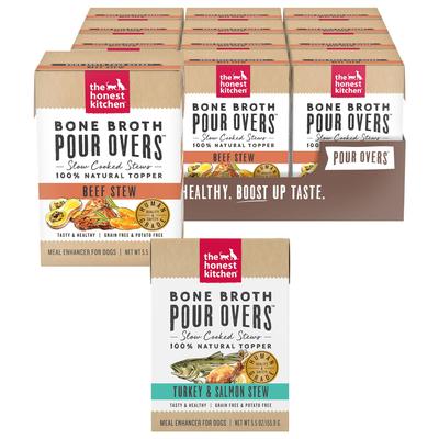 Bundle: The Honest Kitchen Bone Broth POUR OVERS Turkey & Salmon Stew + Beef Stew Wet Dog Food Topper