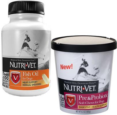 Bundle: Nutri-Vet Fish Oil Softgels Skin & Coat Supplement + Pre & Probiotics Soft Chews Digestive Supplement for Dogs