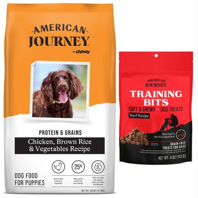 Bundle: American Journey Protein & Grains Puppy Chicken, Brown Rice & Vegetables Recipe Dog Food, 28-lb bag + American Journey Beef Recipe Grain-Free Soft & Chewy Training Bits Dog Treats, 4-oz bag