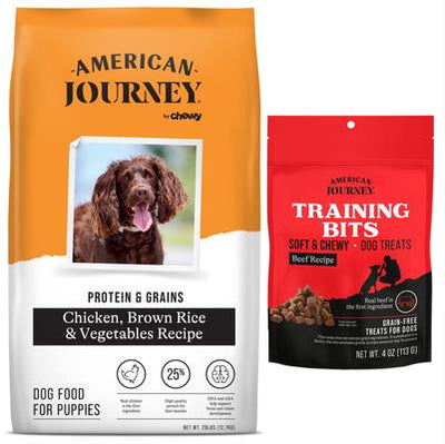 Paquete: Alimento para perros American Journey Protein & Grains Puppy con pollo, arroz integral y verduras (bolsa de 12,7 kg) + Premios de entrenamiento suaves y masticables sin cereales American Journey Beef Recipe Grain-Free (bolsa de 113 g)
