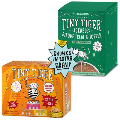 Bundle: Tiny Tiger Chunks in EXTRA Gravy Beef & Poultry Variety Pack Canned Food + Lickables Senior Formula Tuna & Chicken Recipe Bisque Cat Treat & Topper