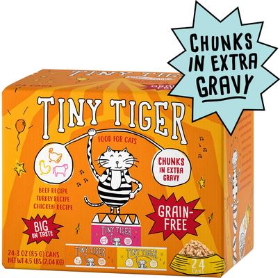 Bundle: Tiny Tiger Chunks in EXTRA Gravy Beef & Poultry Variety Pack Canned Food + Lickables Senior Formula Tuna & Chicken Recipe Bisque Cat Treat & Topper