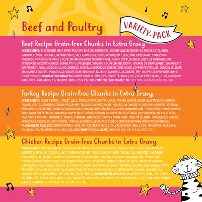 Bundle: Tiny Tiger Chunks in EXTRA Gravy Beef & Poultry Variety Pack Canned Food + Lickables Senior Formula Tuna & Chicken Recipe Bisque Cat Treat & Topper