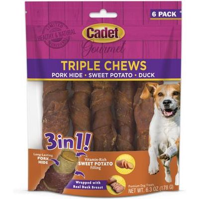 Masticables para perros Gourmet Triple Chew Twists con sabor a pato y batata, 6 unidades