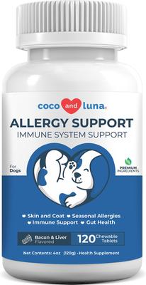 Coco and Luna Allergy Relief Immune System Health Bacon & Liver Flavor Chewable Tablets Dog Supplement, 120 count