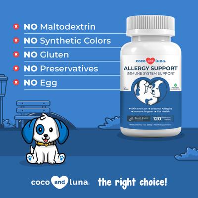 Coco and Luna Allergy Relief Immune System Health Bacon & Liver Flavor Chewable Tablets Dog Supplement, 120 count