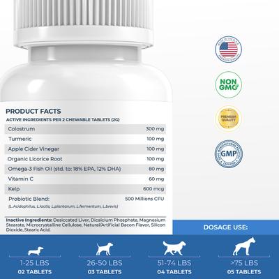 Coco and Luna Allergy Relief Immune System Health Bacon & Liver Flavor Chewable Tablets Dog Supplement, 120 count