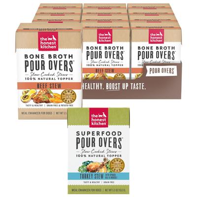 Bundle: The Honest Kitchen Bone Broth POUR OVERS Beef Stew + Superfood Turkey Stew with Veggies Wet Dog Food Topper